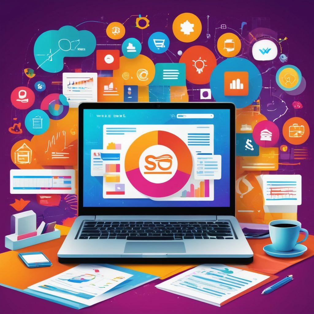 A visually engaging collage featuring a laptop displaying a well-designed blog, surrounded by SEO keywords like 'Traffic', 'Rank', and 'Keyword'. Illustrate a vibrant workspace with colorful charts and graphs symbolizing growth, alongside icons representing monetization like dollar signs and affiliate links. Include abstract design elements showcasing creativity and innovation. vibrant colors. vector art.