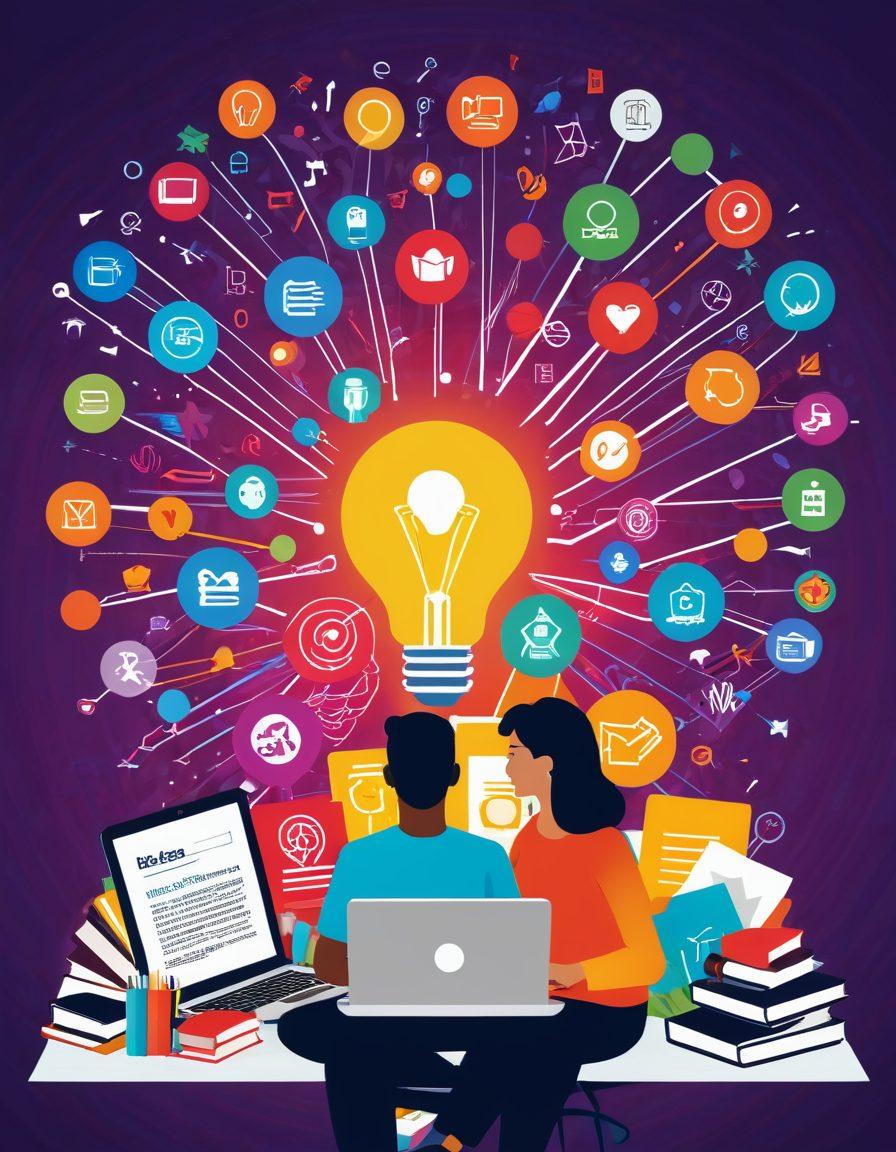 A colorful, interconnected web of diverse blog icons and graphs showing upward trends in visibility and engagement. In the foreground, a person is using a laptop, surrounded by books and coffee, symbolizing creativity and strategy. Bright arrows and lightbulbs depict successful strategies and ideas bursting forth. Background filled with a vibrant digital landscape representing the blogosphere. vector art. vibrant colors. 3D.