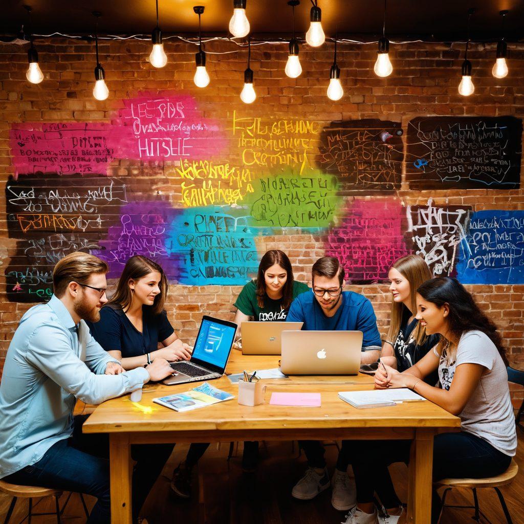 A captivating scene of a diverse group of aspiring bloggers gathered around a large wooden table, laptops open, eagerly exchanging ideas. The background features a vibrant wall with graffiti of famous blogging quotes, and colorful sticky notes scattered on the table showcasing tips and strategies. A glowing lightbulb symbolizes creativity above their heads. super-realistic. vibrant colors. soft focus.